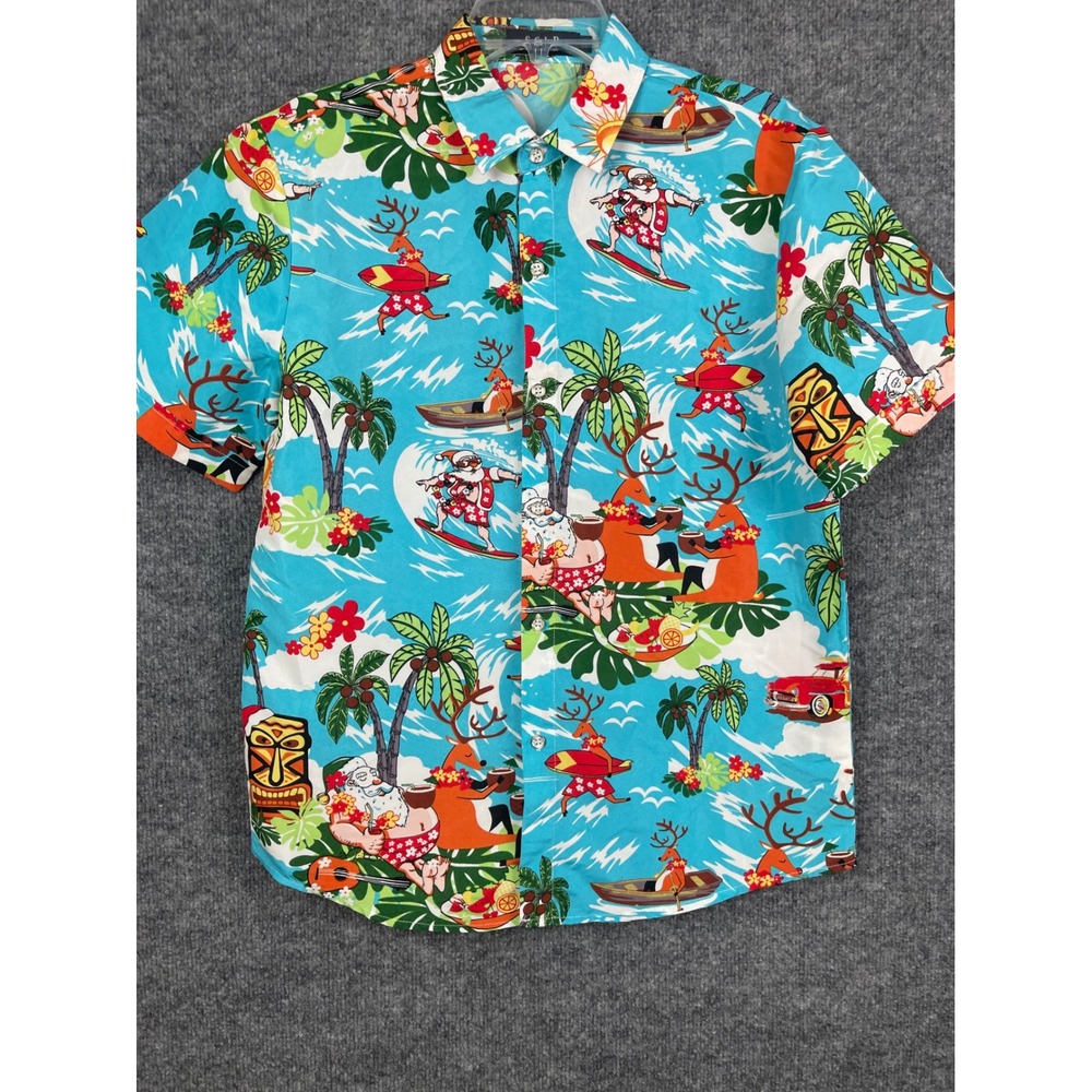 SSLR‎ Button Down Shirt Mens S Blue Excellent Surfing Santa Christmas Tropical - Picture 3 of 12